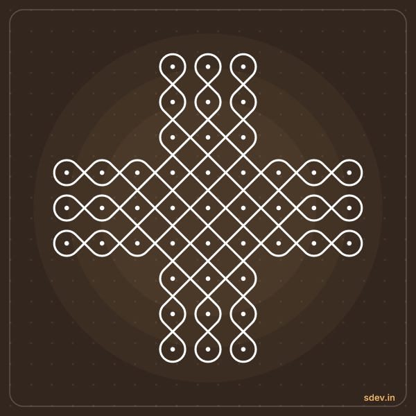 Sikku Kolam, 3-3-3-9-9-9-3-3-3 straight dots, No. 4: finished kolam design
