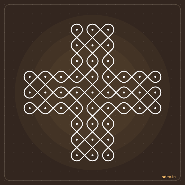 Sikku Kolam, 3-3-3-9-9-9-3-3-3 straight dots, No. 32: finished kolam design