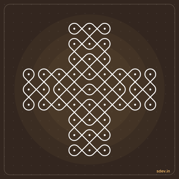 Sikku Kolam, 3-3-3-9-9-9-3-3-3 straight dots, No. 62: finished kolam design