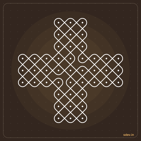 Sikku Kolam, 3-3-3-9-9-9-3-3-3 straight dots, No. 66: finished kolam design