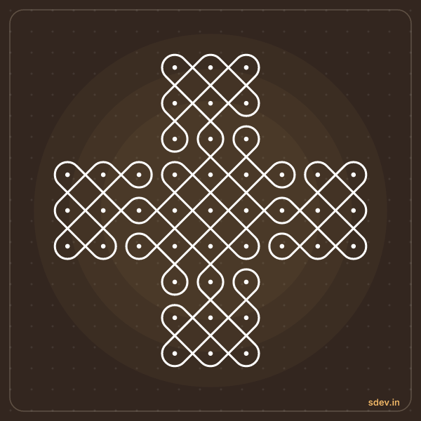 Sikku Kolam, 3-3-3-9-9-9-3-3-3 straight dots, No. 67: finished kolam design