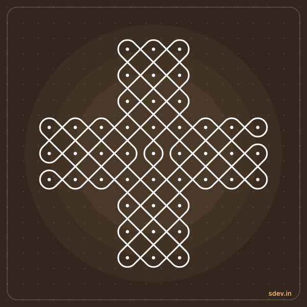 Sikku Kolam, 3-3-3-9-9-9-3-3-3 straight dots, No. 73: finished kolam design