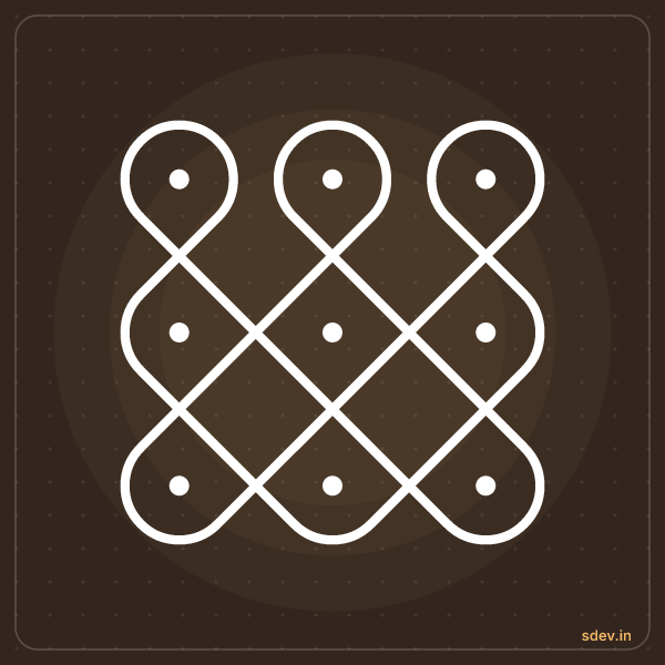 Sikku Kolam, 3 - 3 straight dots, No. 8: finished kolam design