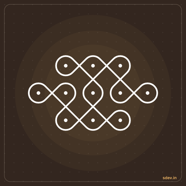 Sikku Kolam, 3-5-3 straight dots, No. 6: finished kolam design