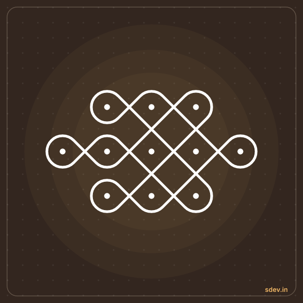 Sikku Kolam, 3-5-3 straight dots, No. 22: finished kolam design