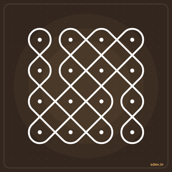 Sikku Kolam, 4 - 4 straight dots, No. 17: finished kolam design
