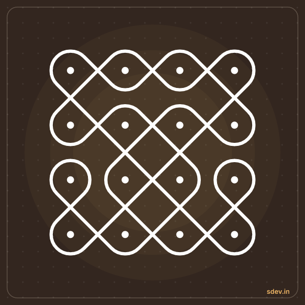 Sikku Kolam, 4 - 4 straight dots, No. 54: finished kolam design