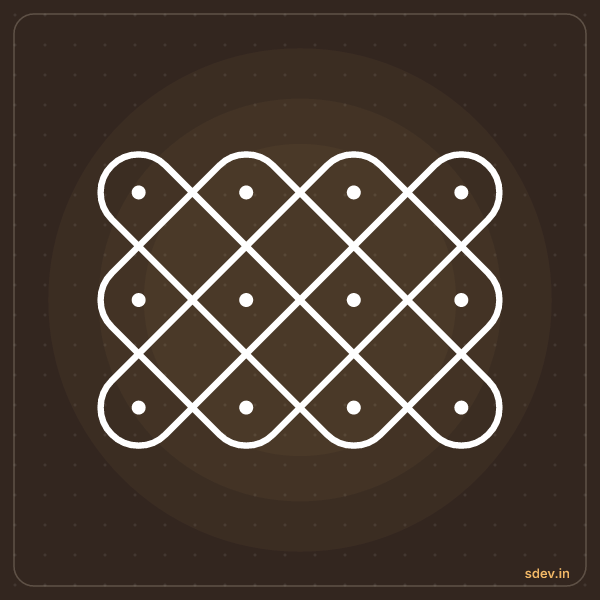 Sikku Kolam, 4 dots, 3 rows, straight dots, No. 1: finished kolam design