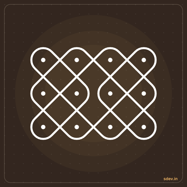 Sikku Kolam, 4 dots, 3 rows, straight dots, No. 9: finished kolam design