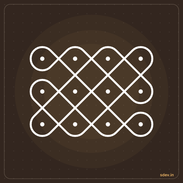 Sikku Kolam, 4 dots, 3 rows, straight dots, No. 15: finished kolam design