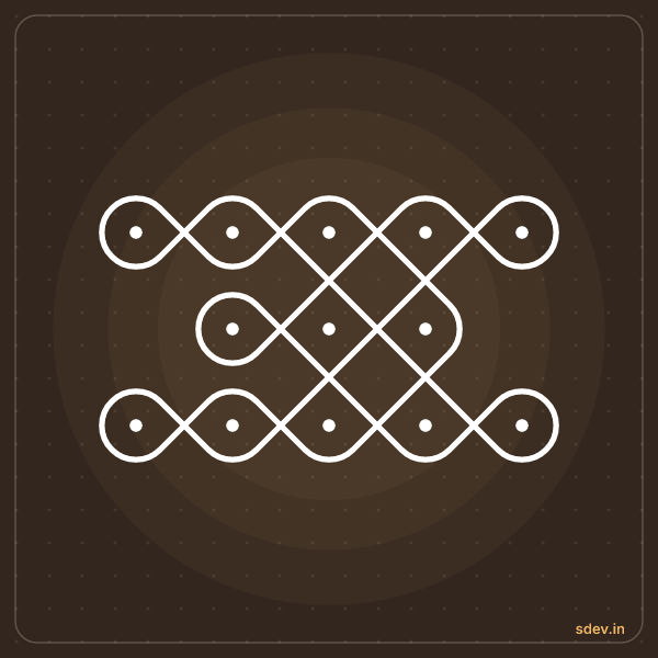 Sikku Kolam, 5-3-5 straight dots, No. 22: finished kolam design