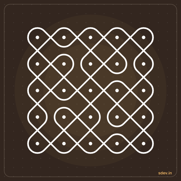 Sikku Kolam, 5 - 5 straight dots, No. 4: finished kolam design