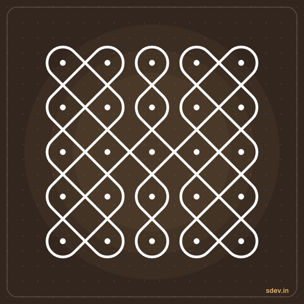 Sikku Kolam, 5 - 5 straight dots, No. 33: finished kolam design