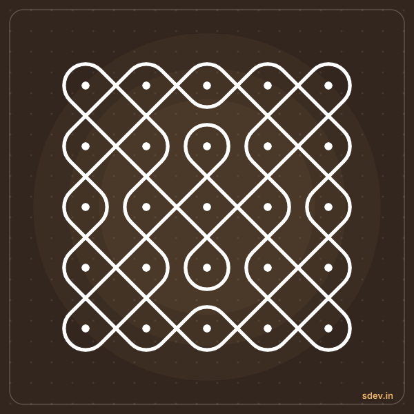 Sikku Kolam, 5 - 5 straight dots, No. 56: finished kolam design