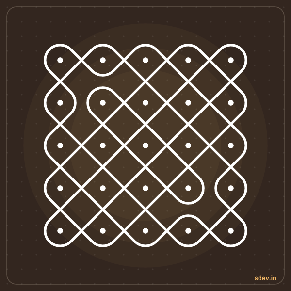 Sikku Kolam, 5 - 5 straight dots, No. 62: finished kolam design