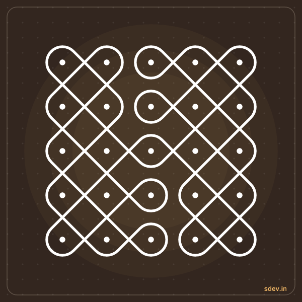 Sikku Kolam, 5 - 5 straight dots, No. 64: finished kolam design