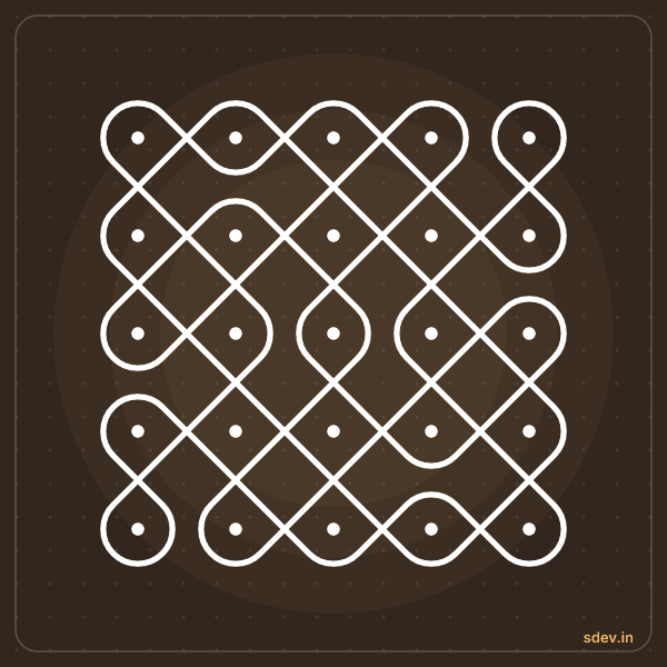 Sikku Kolam, 5 - 5 straight dots, No. 87: finished kolam design