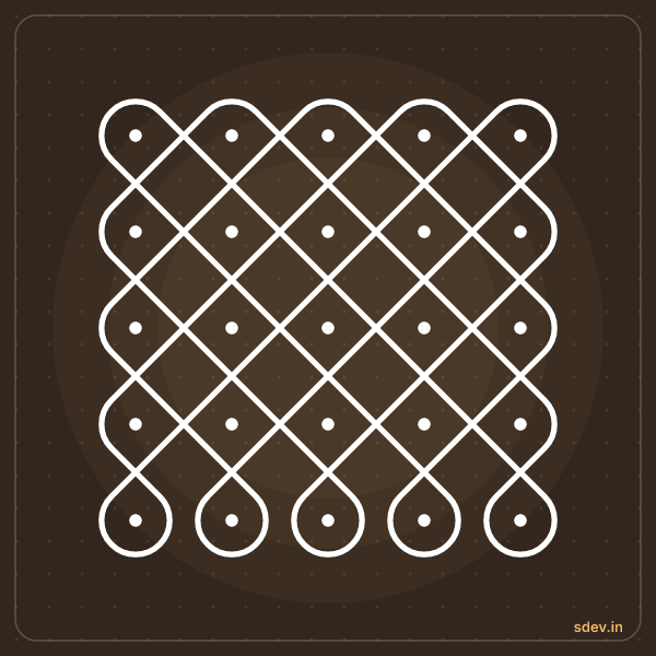 Sikku Kolam, 5 - 5 straight dots, No. 93: finished kolam design
