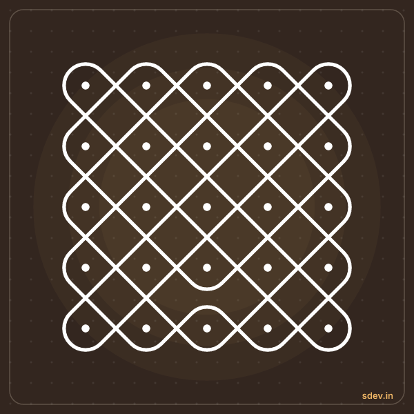 Sikku Kolam, 5 - 5 straight dots, No. 115: finished kolam design