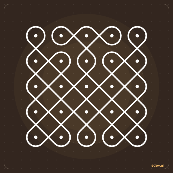 Sikku Kolam, 5 - 5 straight dots, No. 117: finished kolam design