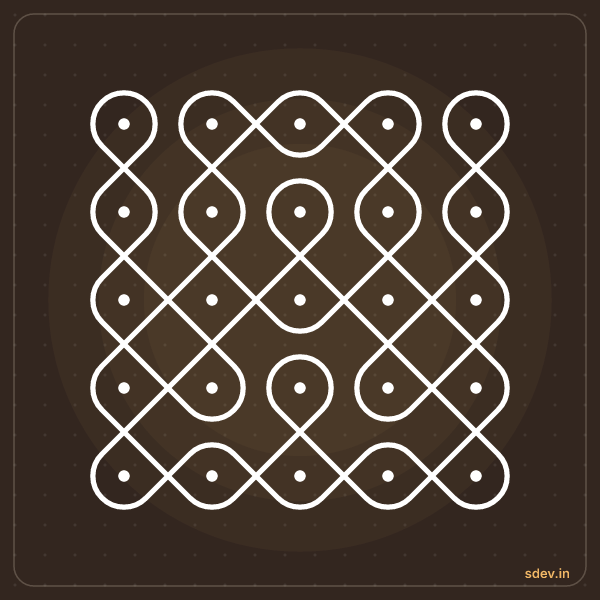 Sikku Kolam, 5 - 5 straight dots, No. 120: finished kolam design