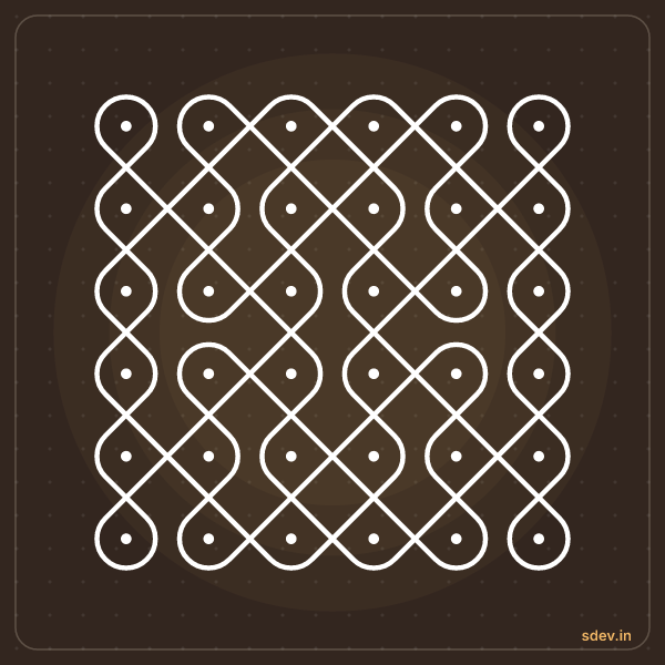 Sikku Kolam, 6 - 6 straight dots, No. 11: finished kolam design