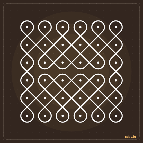 Sikku Kolam, 6 - 6 straight dots, No. 12: finished kolam design