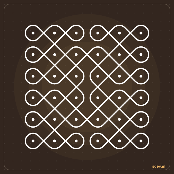 Sikku Kolam, 6 - 6 straight dots, No. 13: finished kolam design