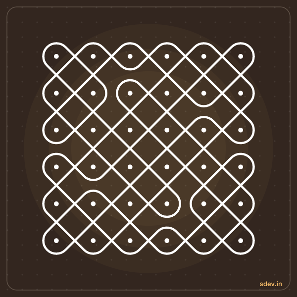 Sikku Kolam, 6 - 6 straight dots, No. 16: finished kolam design