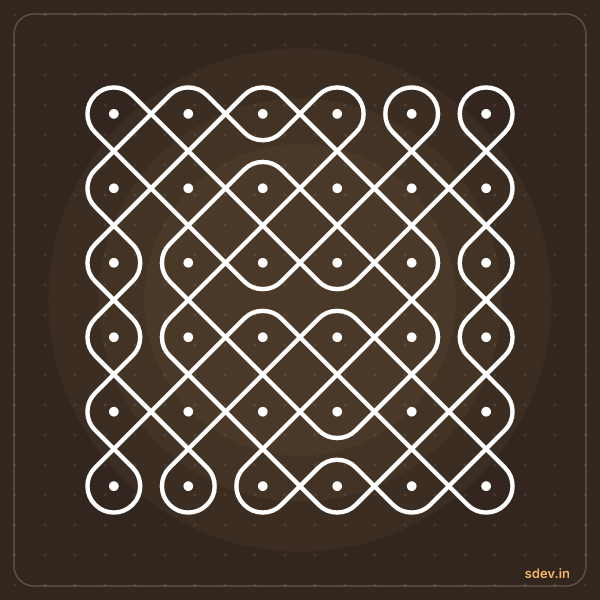Sikku Kolam, 6 - 6 straight dots, No. 18: finished kolam design