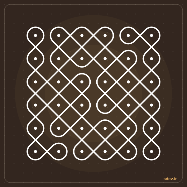 Sikku Kolam, 6 - 6 straight dots, No. 19: finished kolam design