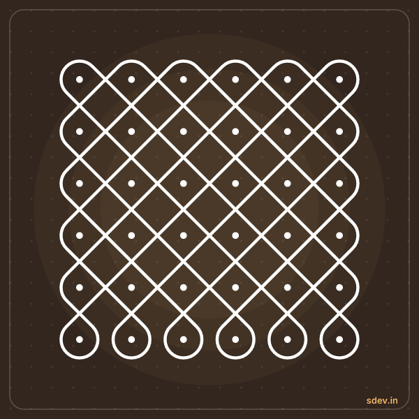 Sikku Kolam, 6 - 6 straight dots, No. 22: finished kolam design