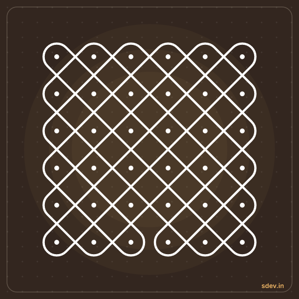 Sikku Kolam, 6 - 6 straight dots, No. 44: finished kolam design