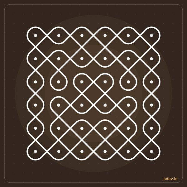 Sikku Kolam, 6 - 6 straight dots, No. 49: finished kolam design