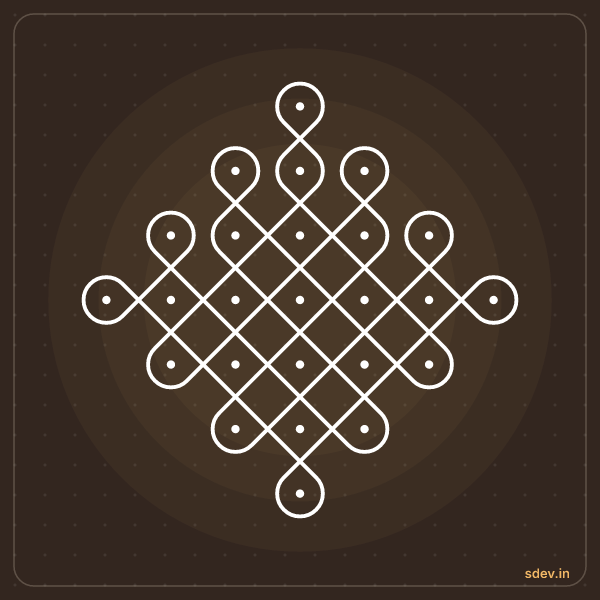 Sikku Kolam, 7 - 1 straight dots, No. 80: finished kolam design