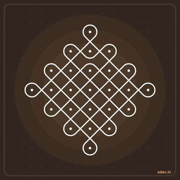 Sikku Kolam, 7 - 1 straight dots, No. 102: finished kolam design