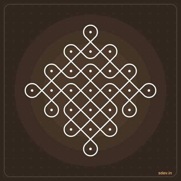 Sikku Kolam, 7 - 1 straight dots, No. 103: finished kolam design