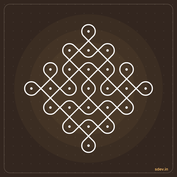 Sikku Kolam, 7 - 1 straight dots, No. 106: finished kolam design