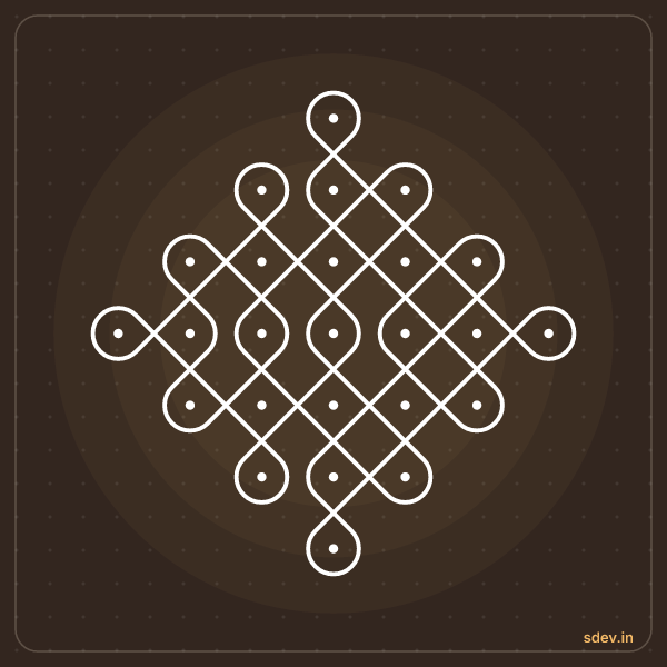 Sikku Kolam, 7 - 1 straight dots, No. 131: finished kolam design