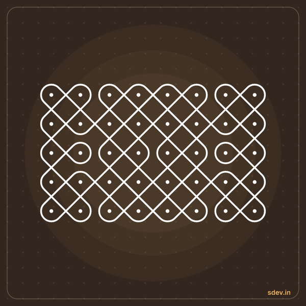 Sikku Kolam, 8 dots, 5 rows, straight dots, No. 24: finished kolam design