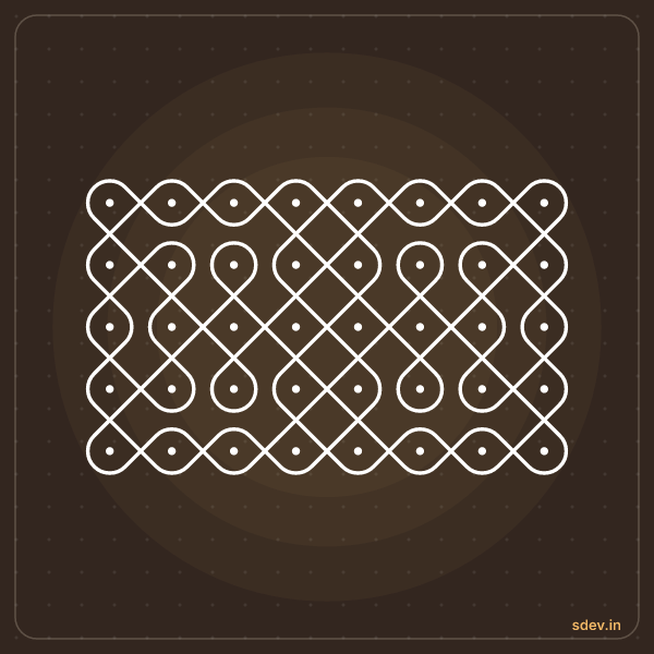 Sikku Kolam, 8 dots, 5 rows, straight dots, No. 27: finished kolam design