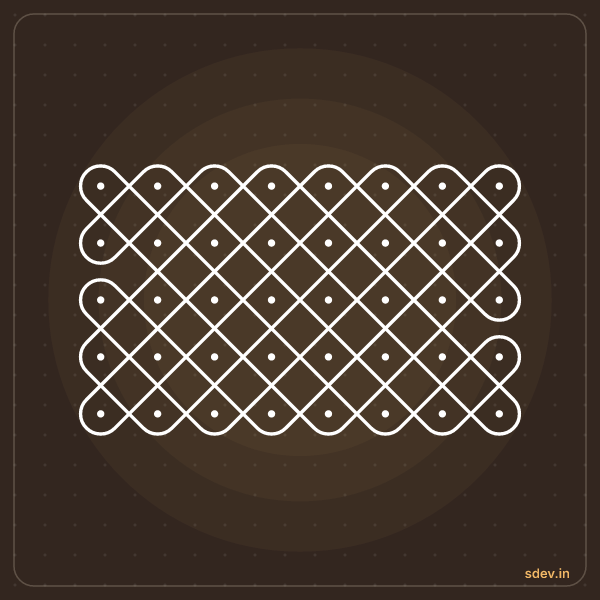 Sikku Kolam, 8 dots, 5 rows, straight dots, No. 52: finished kolam design