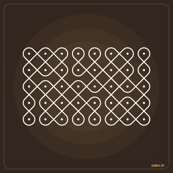 Sikku Kolam, 8 dots, 5 rows, straight dots, No. 56: finished kolam design
