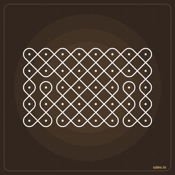 Sikku Kolam, 8 dots, 5 rows, straight dots, No. 83: finished kolam design