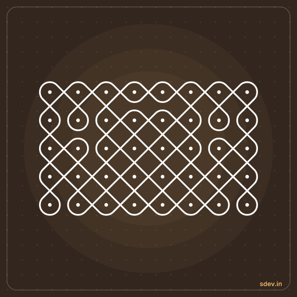 Sikku Kolam, 8 dots, 5 rows, straight dots, No. 84: finished kolam design