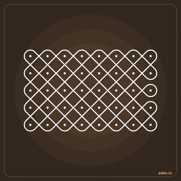 Sikku Kolam, 8 dots, 5 rows, straight dots, No. 88: finished kolam design