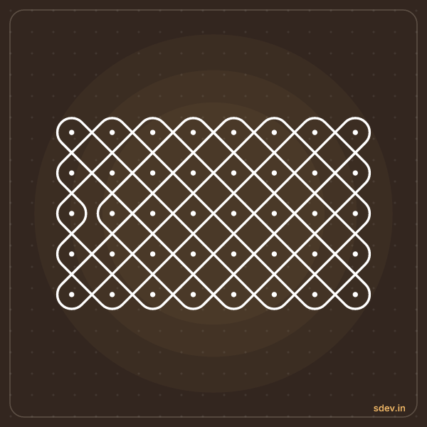 Sikku Kolam, 8 dots, 5 rows, straight dots, No. 110: finished kolam design