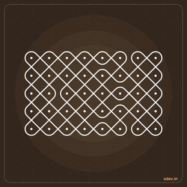 Sikku Kolam, 8 dots, 5 rows, straight dots, No. 111: finished kolam design