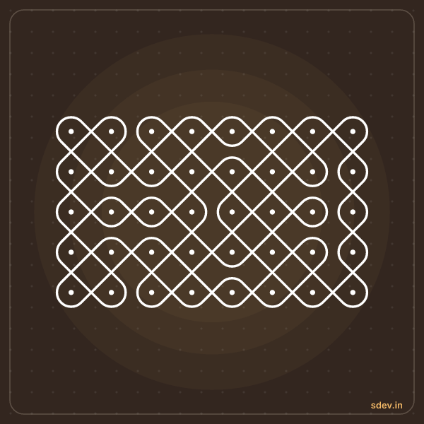 Sikku Kolam, 8 dots, 5 rows, straight dots, No. 114: finished kolam design