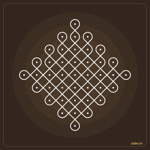 Sikku Kolam, 9 - 1 straight dots, No. 102: finished kolam design